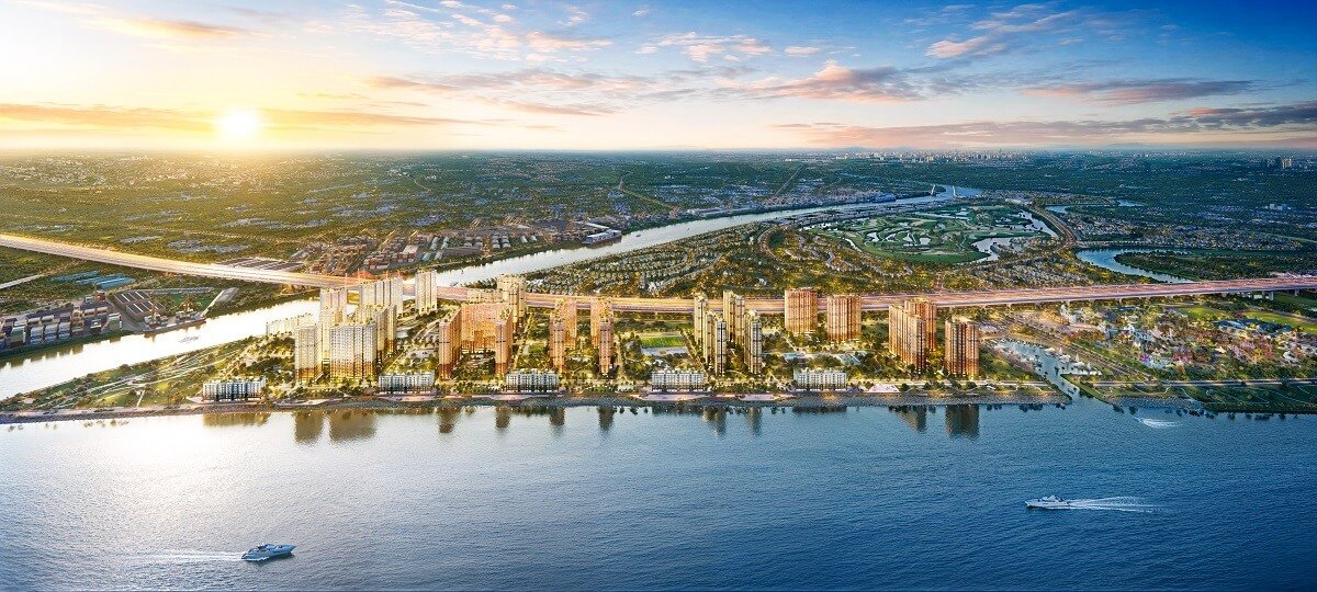 Phối cảnh hoàng hôn The Harbor Skyline — các tòa tháp căn hộ ven sông Bạch Đằng, đảo Vũ Yên, Hải Phòng