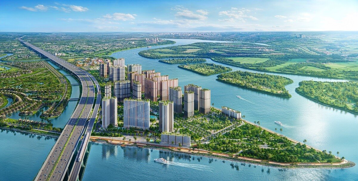 Phối cảnh tổng thể The Harbor Skyline Vũ Yên — cụm tòa tháp, cầu và sông Bạch Đằng